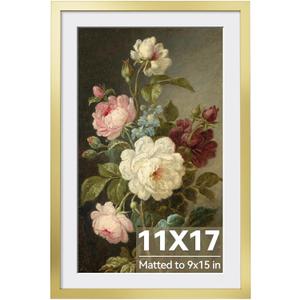 HappyHapi 11x17 Picture Frame Gold, Gold Picture Frames Display Photos 9x15 with Mat or 11x17 Without Mat, 1 Pack Plastic Frame for Wall for Home Decor