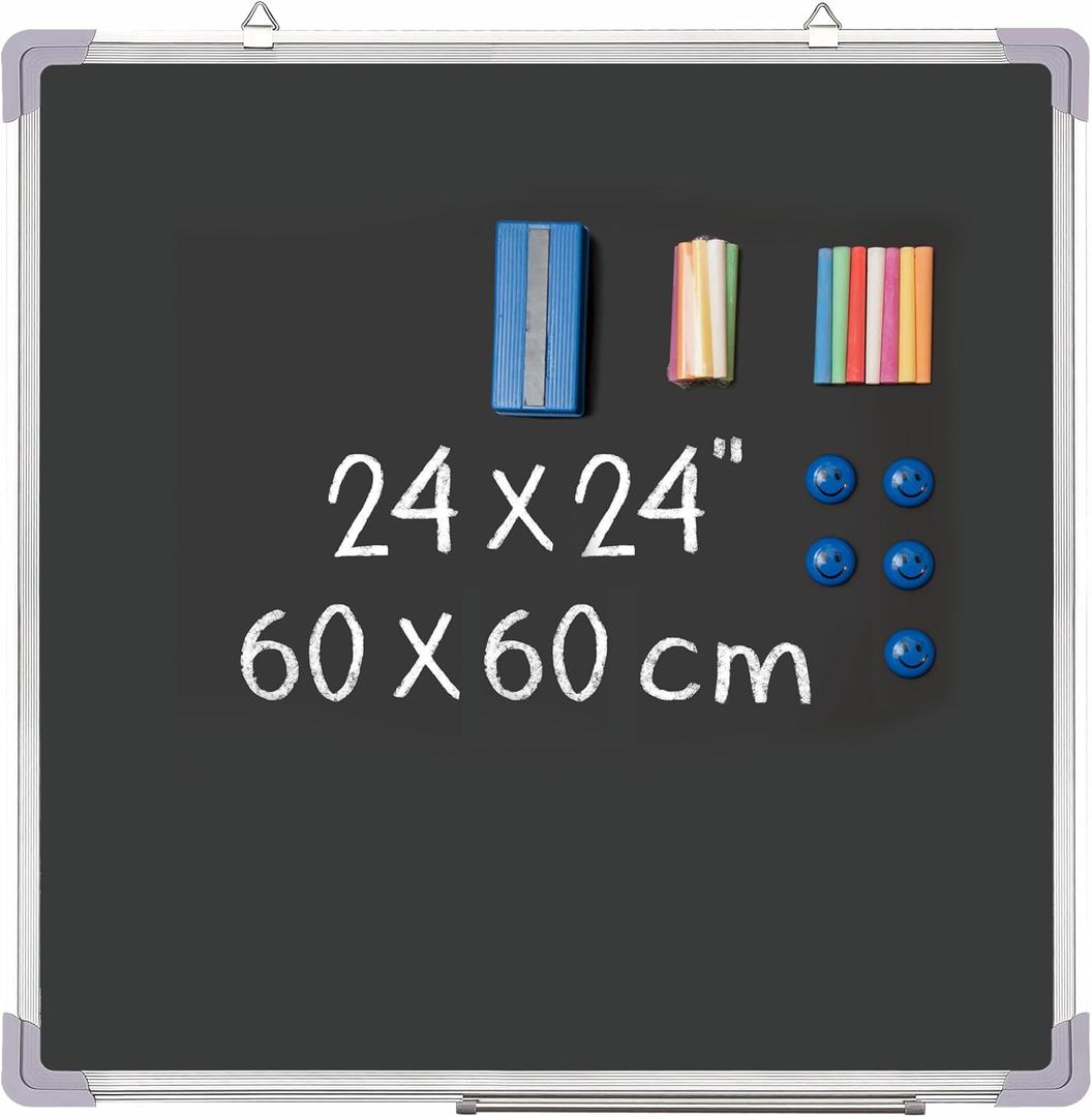 Chalkboard Set - 24 x 24 in Black Board with 1 Magnetic Chalk Eraser, 14 Chalk Sticks (7 Colors) and 4 Magnets - Large Message Wall Hanging Blackboard with Sturdy Frame for Home Office Study School