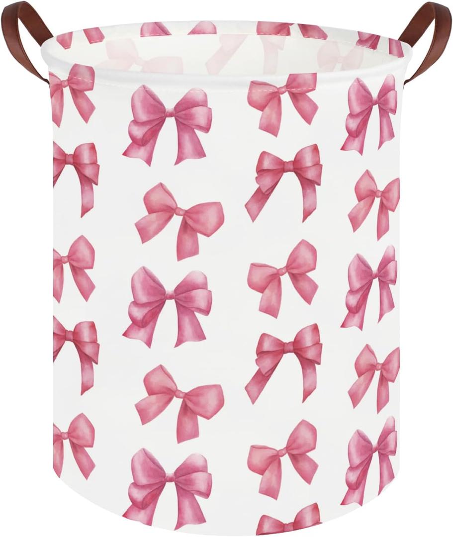 Bow laundry basket for girls,Nursery Hamper,Pink Laundry Hamper,Waterproof collapsible canvas laundry basket for girls,Pink Girls Laundry Basket,Living Room Decor(Bowknot)