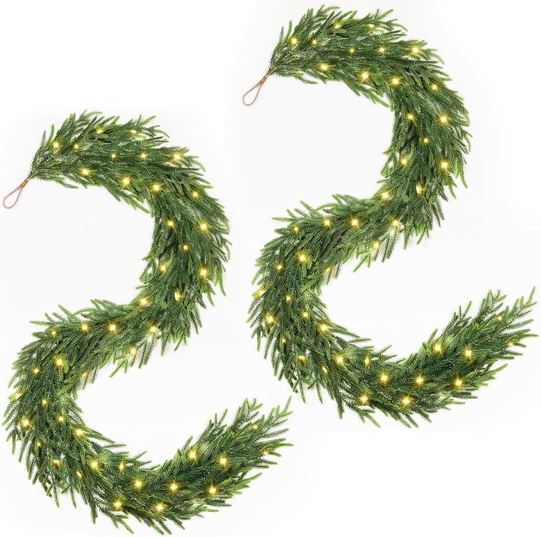 2 Pcs Prelit Christmas Norfolk Pine Garland with Lights, 6FT Battery Operated Real Touch Artificial Green Garlands for Table, Mantle, Stairs, Fireplace, Indoor & Outdoor Xmas Decorations