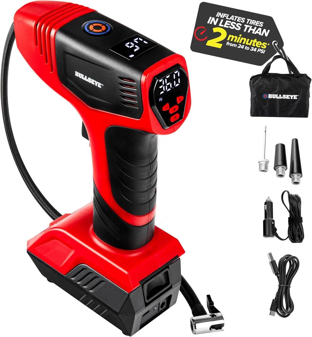 BULLSEYE PRO Tire Inflator with Pressure Gauge, Compact and Portable, Automatic Shut Off, 150 PSI Max, USB Home Rechargeable and Cord for Vehicular Use As Seen On TV (9475) (Red)