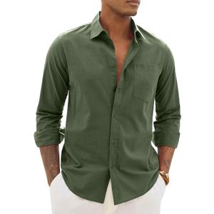 Alimens & Gentle Mens Cotton Linen Textured Shirt Long Sleeve Button Down Shirts Casual Summer Beach Wedding Tops with Pocket (Green, L)