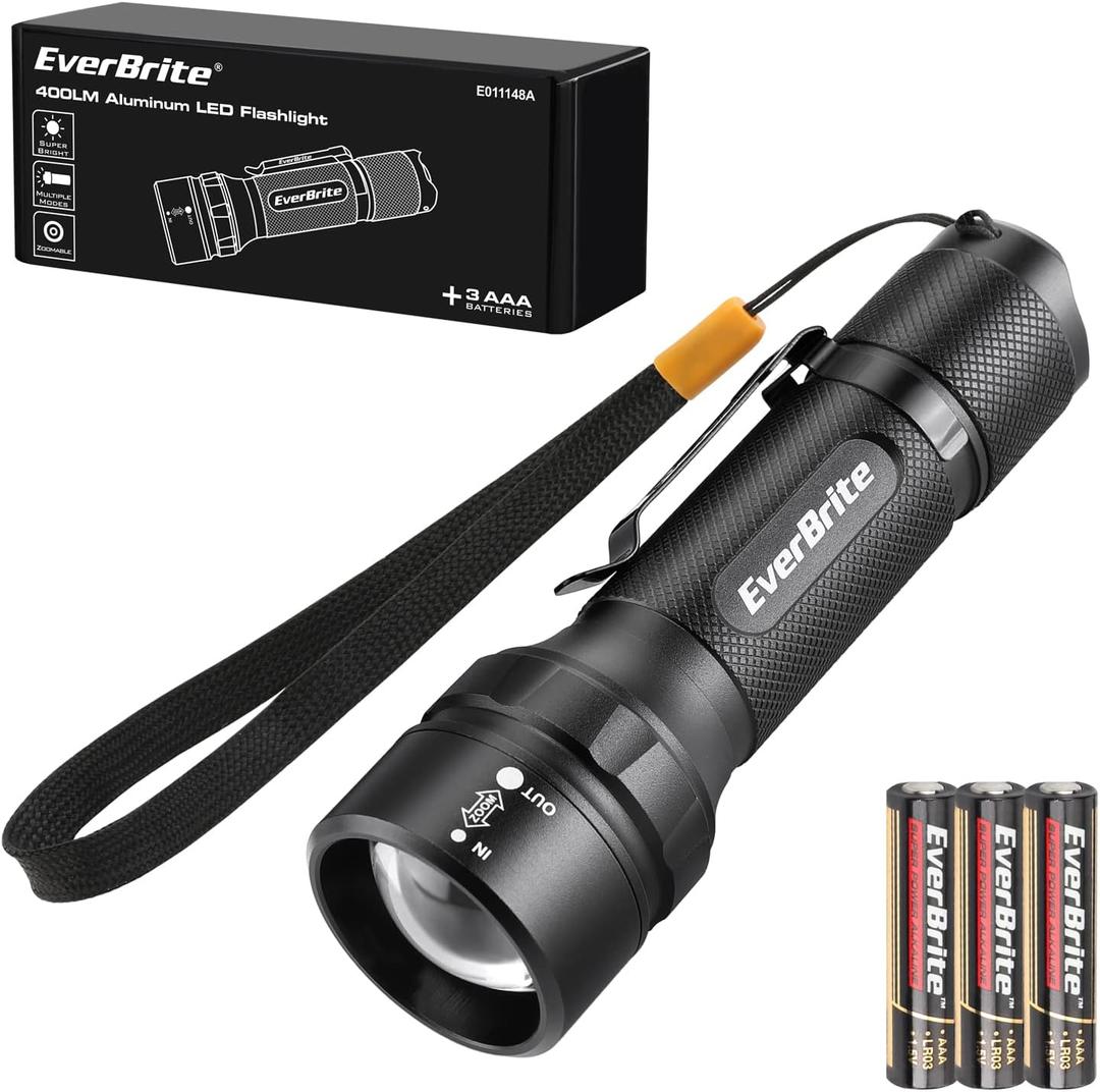 EverBrite 400 Lumens Aluminum LED Flashlight, Zoomable Flashlight with Lanyard&Clip, 4 Modes, IPX4 Waterproof, for Camping Hiking, Emergency, EDC, Survival Use, Batteries Included