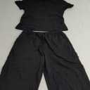 No Brand Women's 2 Piece Outfits Linen Short Sleeve Crop Top and Wide Leg Pants Lounge Matching Set Tracksuits Trendy Clothes Black S