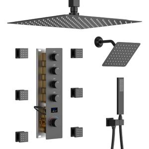 Matte Black Shower System Digital Tempreature Display Thermostatic Shower Faucet Set with 12 inch Ceiling Mount and 8 inch Wall Mount Shower Head, with 6 PCS Body Jet and Handheld Spray