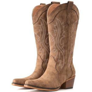 IUV Cowboy Boots For Women Western Cowgirl Boots with Chunky Heel Mid Calf Snip Toe Ideal for low insteps Size 6.5