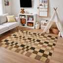 4x6 Checkered Area Rug Brown Fluffy Shag Living Room Throw Rug Washable Non-Slip Soft Pile Fuzzy Carpet for Bedroom Dorm Bathroom Dining Room Home Aesthetic Decor Indoor