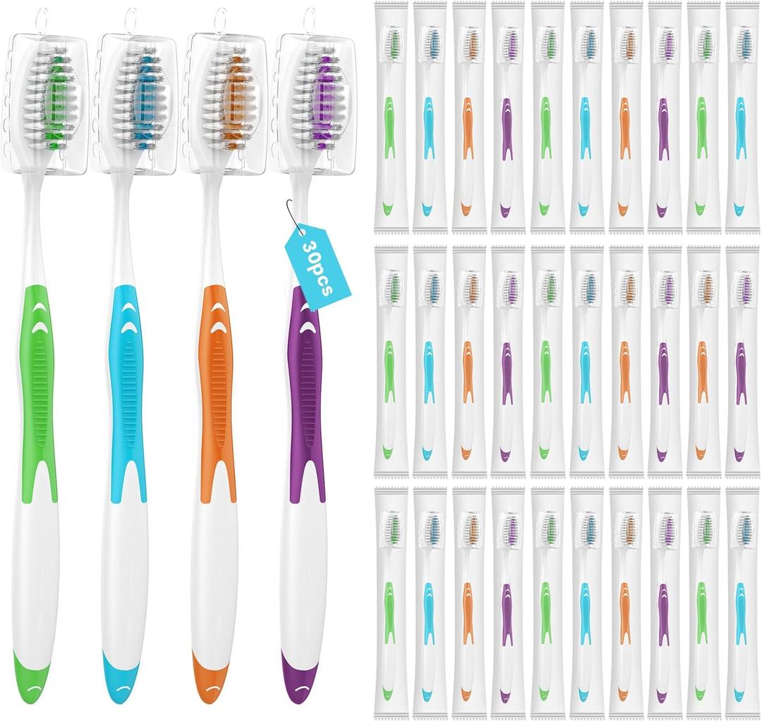 30 Pack Bulk Toothbrushes with Covers, Individually Wrapped Tooth Brush Pack for Adults & Kids, Disposable Toothbrush Medium Soft for Travel, Donations, Hotels