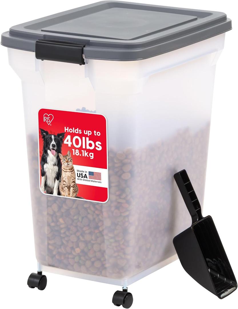 IRIS USA Dog Food Storage Container 40 lbs, Attachable Wheels, & Included Scoop, for Dog Cat Birds and other Pets, Food Storage Bin, Keep Fresh, Easy Mobility, BPA Free - Made in the USA, Dark Gray