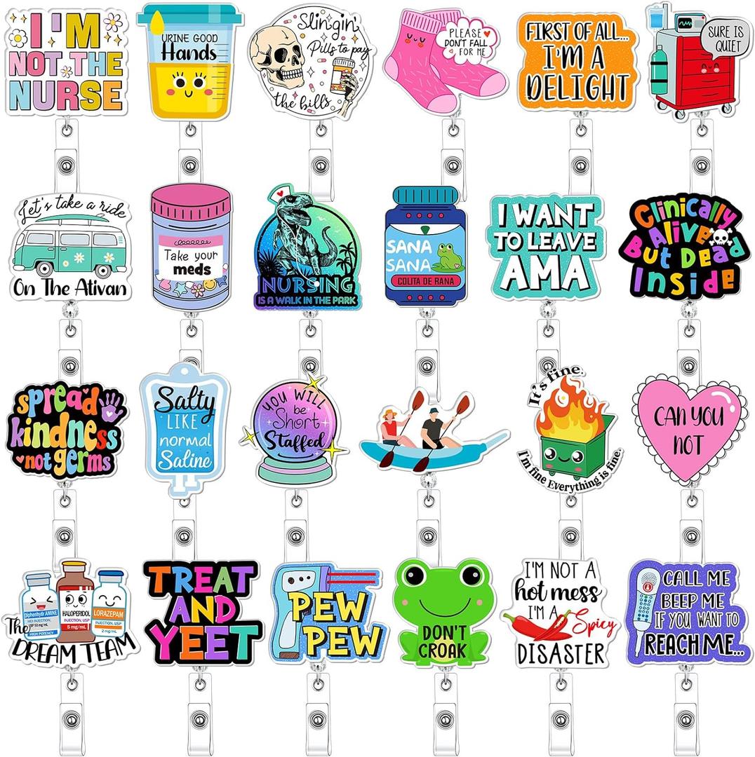 24 Pcs Funny Badge Reel Nurse Cute Retractable Name ID Clip Badge Holder for Doctor Student Medical Assistant Coworker Work Accessories Bulk Gifts(Medical Style)
