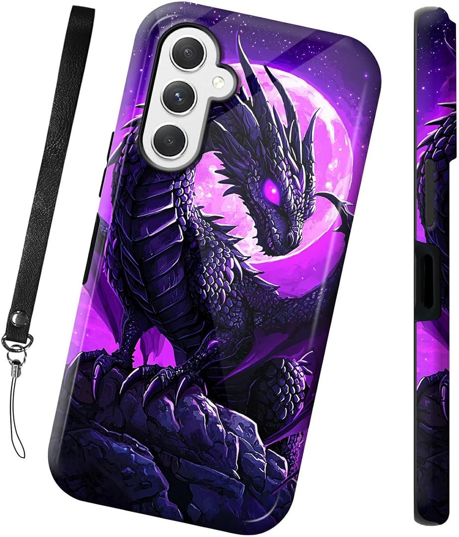 for Samsung Galaxy A16 5G Phone Case 6.7 Inch with Wrist Strap, Dual Layer Hard PC & Silicone Protective Design Heavy Duty Shockproof Glossy Cover for Women Men, Purple Moon Dragon