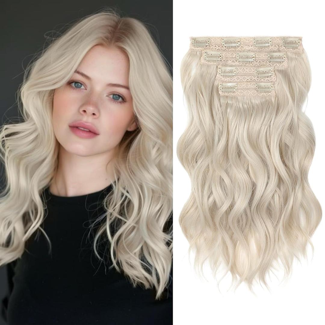 REECHO 14" Short Beach Wavy Hair Extensions - 4PCS Clip in Invisible Lace Weft Natural Soft Hairpieces for Women - Pearl Platinum