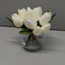 DILATATA Artificial White Tulips in Vase with Faux Water 6" Real Touch Flowers Fake Tulips Small Flowers Arrangement in Round Glass Vase for Mother's Day Table Centerpiece Wedding Home Decor