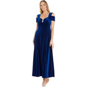 R&M Richards Women's Elegant Velvet Cold Shoulder Gown | Stretch Formal Dress W/Cap Sleeves Rhinestone Trim & Side Slit, Size 18W