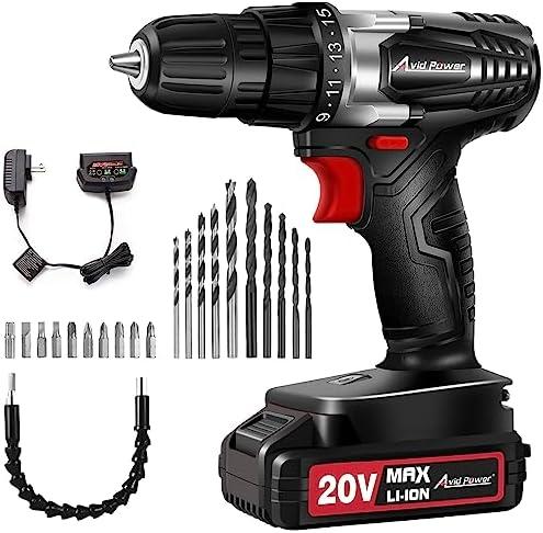 AVID POWER 20V MAX Lithium lon Cordless Drill, Power Drill Set with 3/8-Inch Keyless Chuck, Variable Speed, 16 Position and 22pcs Bits (Black)