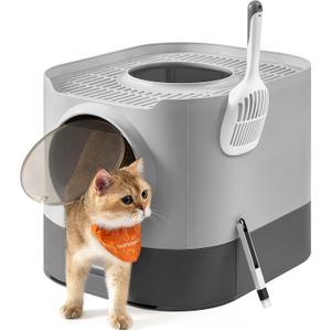 Feandrea Cat Litter Box with Lid, XL Enclosed Litter Box with Slide-Out Tray, Scoop, Brush, Anti-Tracking, for Cats of Different Sizes, Dove Gray and Slat Gray UPPT002B01