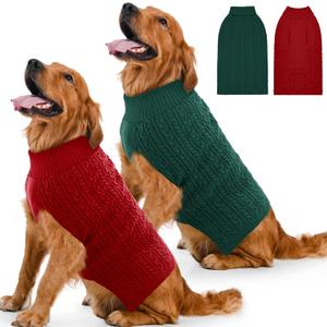 2 Pack Dog Sweaters for Large Dogs Winter Turtleneck Pullover Cable Knit Fleece Stretch Pitbull Labrador Golden Retriever Doberman Bulldog Boy Girl Pet Clothes (XXL, Red & Green)