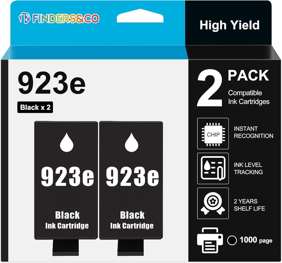 F FINDERS&CO 923e BK Black 923XL Ink Cartridges (with Chip) Compatible with HP 923 Ink Replacement for HP OfficeJet Pro 8120e 8122e 8130e 8125e 8135e 8138e 8139e Printer (2* BK)
