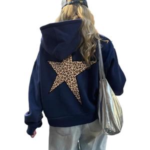 Obenie Women Oversized Leopard Star Graphic Hoodies Y2K Aesthetic Long Sleeve Pullover Sweatshirt Unisex Pullover Tops (Medium, Navy)