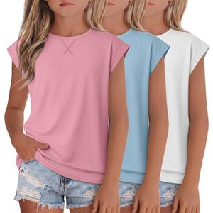 3 Pack Girl's Short Sleeve Shirts Kids Cap Sleeve Crewneck Tops Casual Summer Loose Fit Tees for Teens