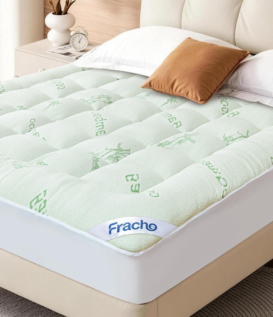 Fracho 4 Inch Queen Memory Foam Mattress Topper, Dual Layer Design with 2" Bamboo Rayon Pillow Top & 2" Cooling Gel Memory Foam, CertiPUR-US Certified Medium-Firm Bed Topper for Pressure Relief, Green-Queen
