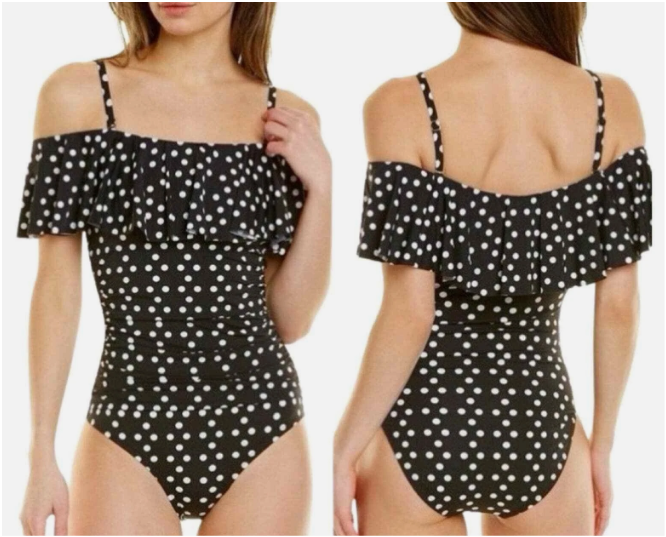 Polka Dot One-Piece Swimsuit Removable Straps On Or Off-The-Shoulder Size L