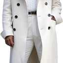 chouyatou Men's British Style Double Breasted Heavyweight Mid Long Wool Pea Coat (Medium, White)
