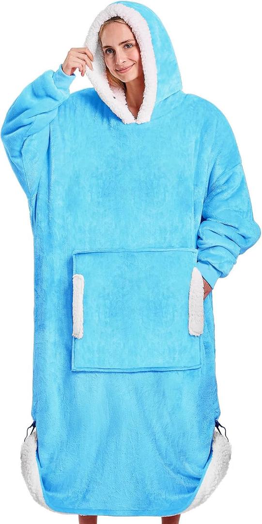 yescool Wearable Blanket Hoodie, Flannel Sherpa Fleece Blanket Sweatshirt for Adults Women Men,One Size Fits All (Turquoise)