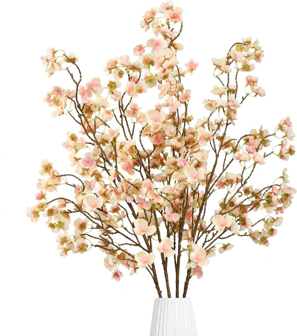 Sggvecsy Artificial Cherry Blossom Flowers 4 Pcs Faux Cherry Blossom Stems Faux Silk Cherry Blossom Branches 41 Fake Flowers Long Stems for Vase Arrangements Home Wedding Table Decor (Champagne)