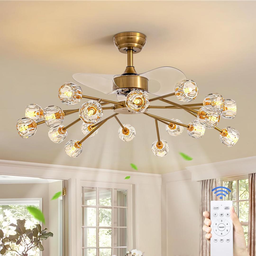 Siljoy 18 Lights Modern Crystal Ceiling Fan Light and Remote Control, Farmhouse Brass Gold Sputnik Crystal Fandelier, Reversible Ceiling Fan Light Kit for Living Dining Room Bedroom 42 Inches