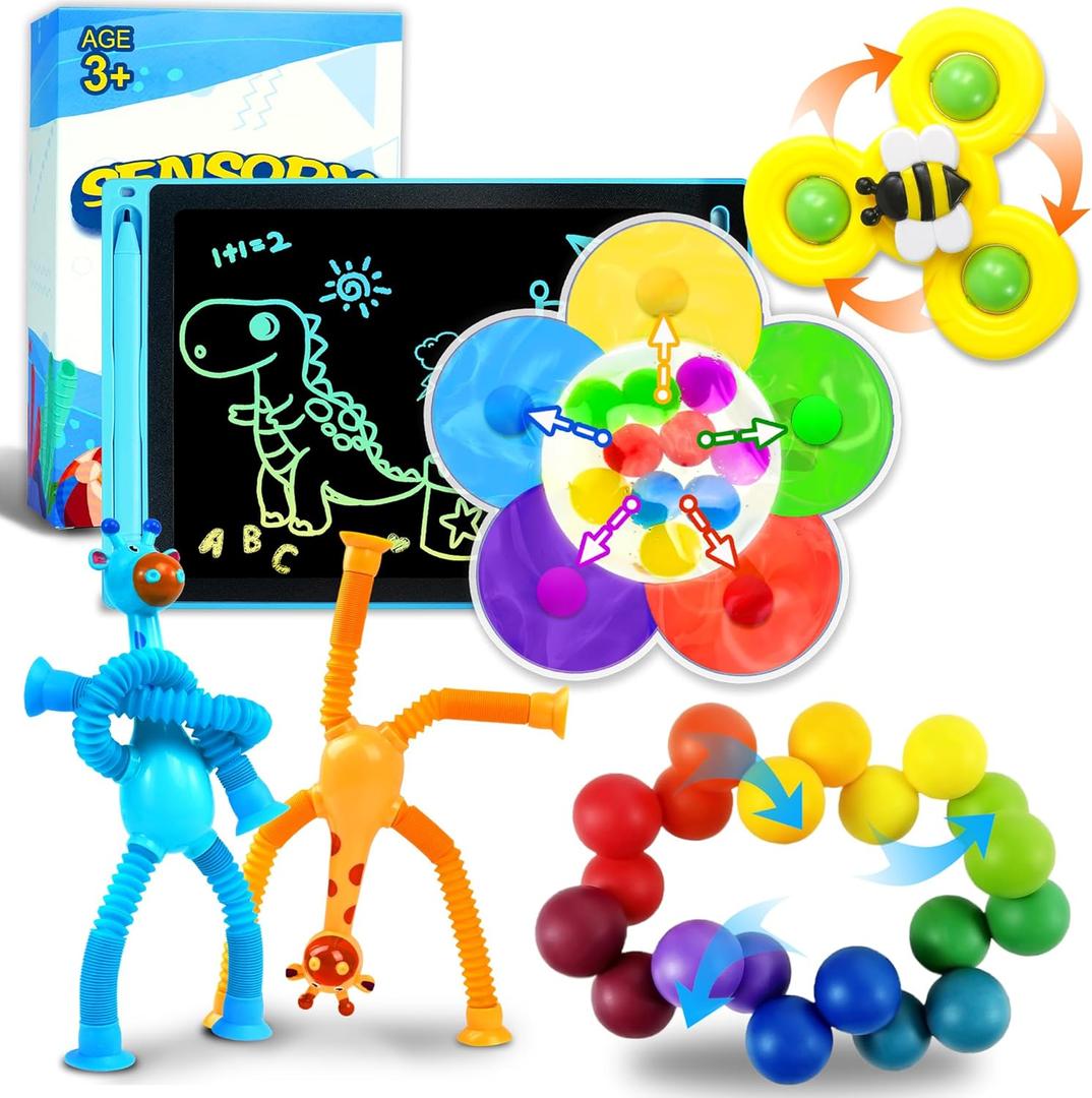 6PCs Sensory Travel Toys Pack for Toddler 3 4 5 Year Old Quiet Airplane Travel Activities Essential With Icd Writing Tablet Suction Cup Color Sorting Toy for Kid ADHD Autistic Fidget Gift for Boy Girl