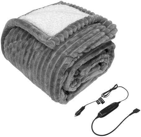 Elantrip Wool Car Heated Blanket, 12 Volt, 70 Degree Cutoff, for Trucks, Cars, SUVs, Machine Washable Car Heated Travel Blanket, Great for Camping, with Temperature Control, 40×55in(Gray)