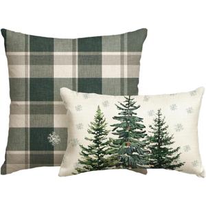 AVOIN colorlife Christmas Trees Snowflake Buffalo Plaid Throw Pillow Covers Set of 2, 12x20 and 18x18 Inch Winter Xmas Holiday Cushion Cases Decoration for Sofa Couch