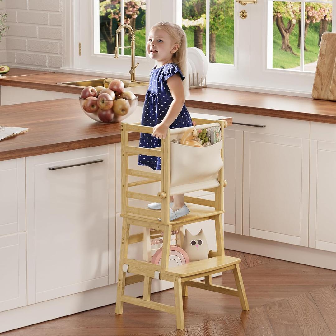 Amazer Bamboo Toddler Step Stool, Anti-Tip Toddler Kitchen Stool Helper with Push-Pull Safety Rail, Non-Slip Kids Step Stool with Safety Net, Kids Standing Tower for Bathroom Sink and Kitchen Counter