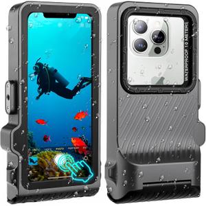 2025 Upgrade Underwater Waterproof Diving Snorkeling Phone Case for iPhone 16/15/14/13/12/11 Pro/Pro Max/XS/X Samsung Galaxy S24/S23/S22/S21 Scuba Underwater Full Touchscreen Photo Video Housing (Grey Black)