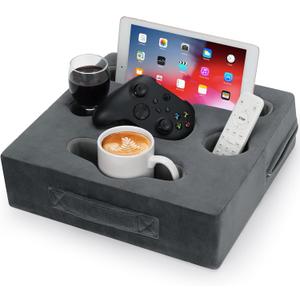 STBoo Couch Cup Holder Pillow - Sofa Drink Cup Holder Cozy Buddy | Bed Caddy Organizer Holds Remote, Snacks, Phones, Tablet | Waterproof Anti-Spill Sofa Beverage Tray for Car, Beach, RV, Boat (Grey) (Gray)