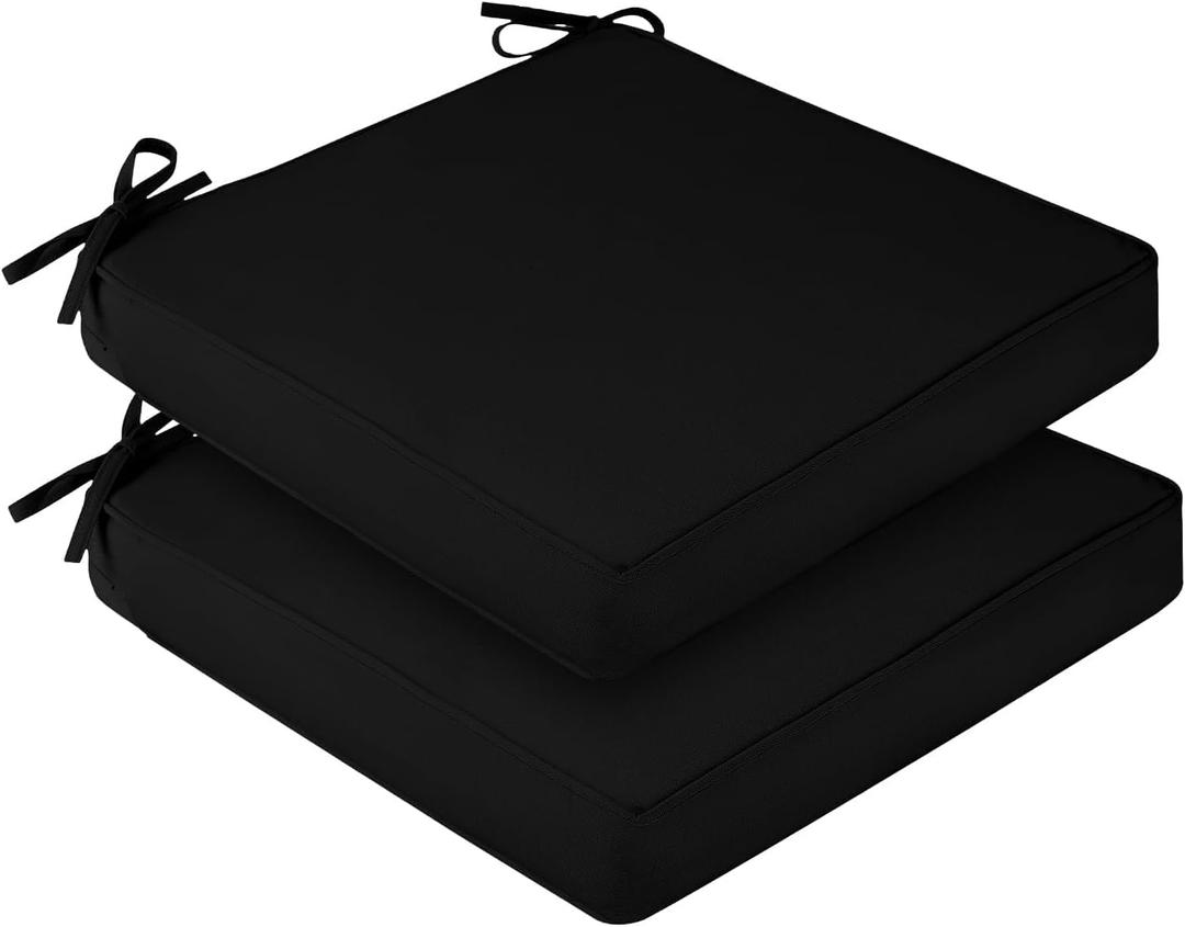 Downluxe Waterproof Outdoor Chair Cushions for Patio Furniture, 22" x 22" x 3" Patio Chair Cushion with Adjustable Ties & Portable Handle, Square Outdoor Cushion with Removable Cover, Black, 2 Pack
