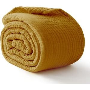 100% Cotton Muslin Blanket Twin 66" x 90", 6 Layers Breathable and Lightweight Cotton Blankets for Couch, Soft Cooling Summer Gauze Blanket for Adults All Season, Mustard