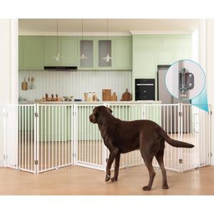 No Pawblems Free Standing Dog Gate with Door, 30'' Tall Foldable Dog Fence for Indoor & Outdoor, Up to 156 Inch Extra Wide Puppy Gate for Stairs, Hallways, Doorways, Deck, Yard (White, 6 Panels)