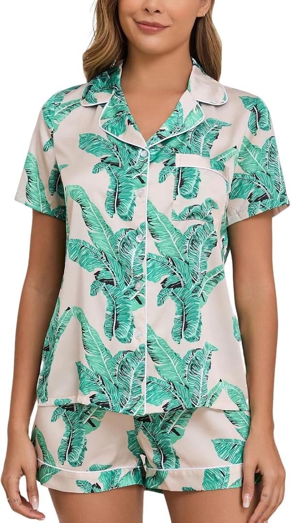 Veseacky Women Satin Pajamas Set 2 Piece Button Down Short Sleeve Soft Sleepwear with Pockets (X-Large, Short-green Leaf)