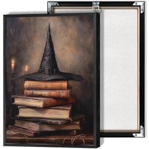 HQPCNGZ Vintage Witch Hat On Old Books Posters Spooky Halloween Canvas Wall Art Funny Gothic Dark Academia Prints Painting For Study Home Bedroom Dorm Wall Decor 12x16in Unframed