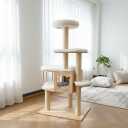 Multi-Level Pine Wood Cat Tree Tower for Indoor Large Cats  Solid Cat Condo House with Plush Beds - Sisal Scratching Posts  Sturdy Cat Furniture, 55", White