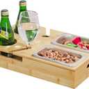 Bamboo Couch Cup Holder Tray with 2 Stainless Steel Snack Bowls - Large Sofa Caddy Organizer (15.5" x 9.8") with Wine Glass Slots & Handles - Portable Bed & Couch Food Server for Movie Night