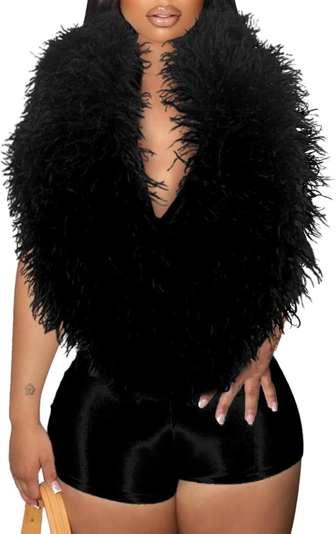 Unybwonn Women Sexy One Piece Jumpsuits Halter Backless Sleeveless Feather Shorts Bodysuits Romper Club Party Outfits (Small, 00black)