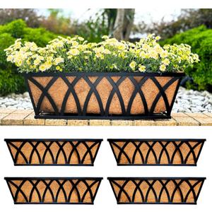 LaLaGreen Wall Planters (4 Pack, 24 Inch) Large Fence Planters for Outdoor Plants with Coco Liner Metal Deck Railing Flower Basket Window Box Attach House Outside Horse Trough Porch Balcony Garden