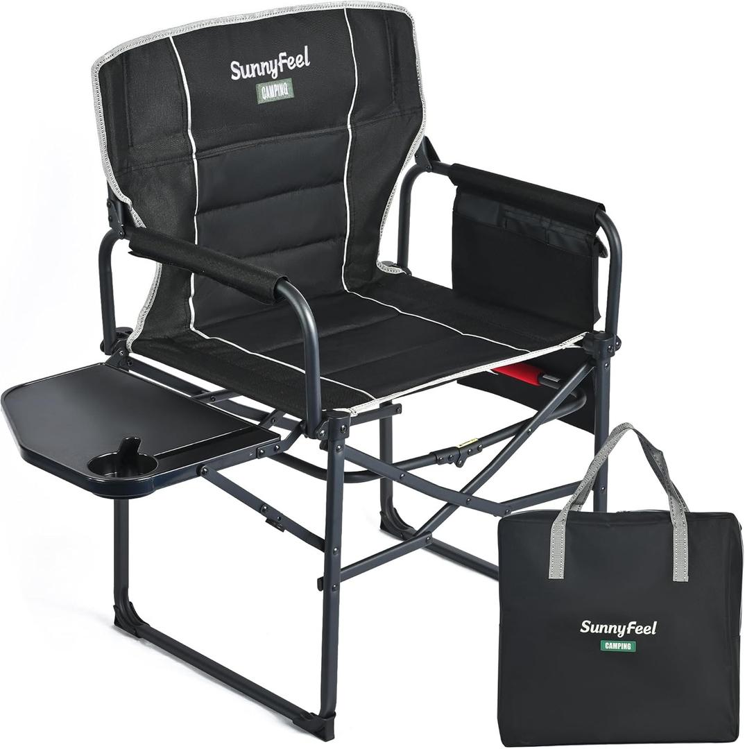 SUNNYFEEL Camping Directors Chair, Heavy Duty,Oversized Portable Folding Chair with Side Table, Pocket for Beach, Fishing,Trip,Picnic,Lawn,Concert Outdoor Foldable Camp Chairs (Padded Black)