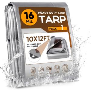 Tarp 10x12FT,16 Mil Heavy Duty Tarps,Waterproof Tarp with Grommets and Reinforced Edges,Tear & Fade & UV Resistant,Multipurpose Poly Tarpaulin for Pool,Car,Firewood,Boat(270GSM,Silver/Brown)