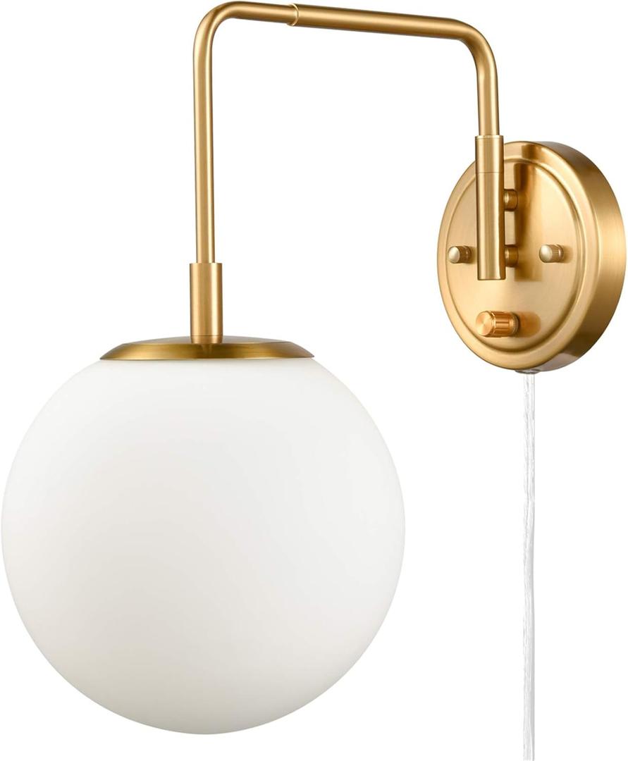 DAYCENT Gold Plug in Wall Sconce Swing Arm Sconces Wall Lighting with Switch Modern Brass Globe Wall Light Fixture Milk Glass Sconce Light for Hallway Bathroom Bedroom