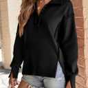 SHEWIN Womens Reverse Seam Snap-Button Henley Sweatshirt Casual Loose High Low Split Pullover Tops (Black)