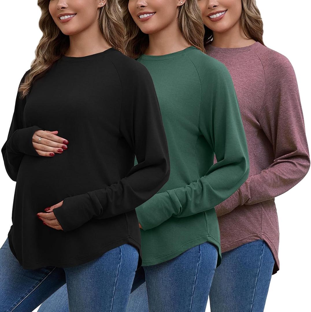 Bhome Maternity Shirts 3 Packs Long Sleeve Pregnancy Tops Loose Fit Casual Blouses with Thumb Holes (Medium, Black / Green / Burgundy)